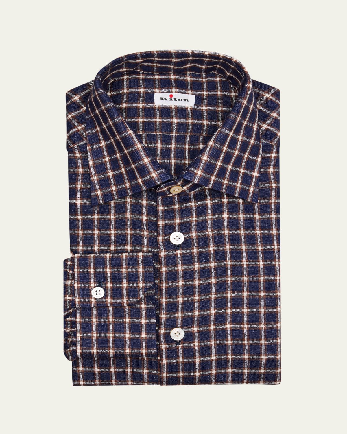 Kiton Men's Linen-Blend Windowpane Plaid Dress Shirt
