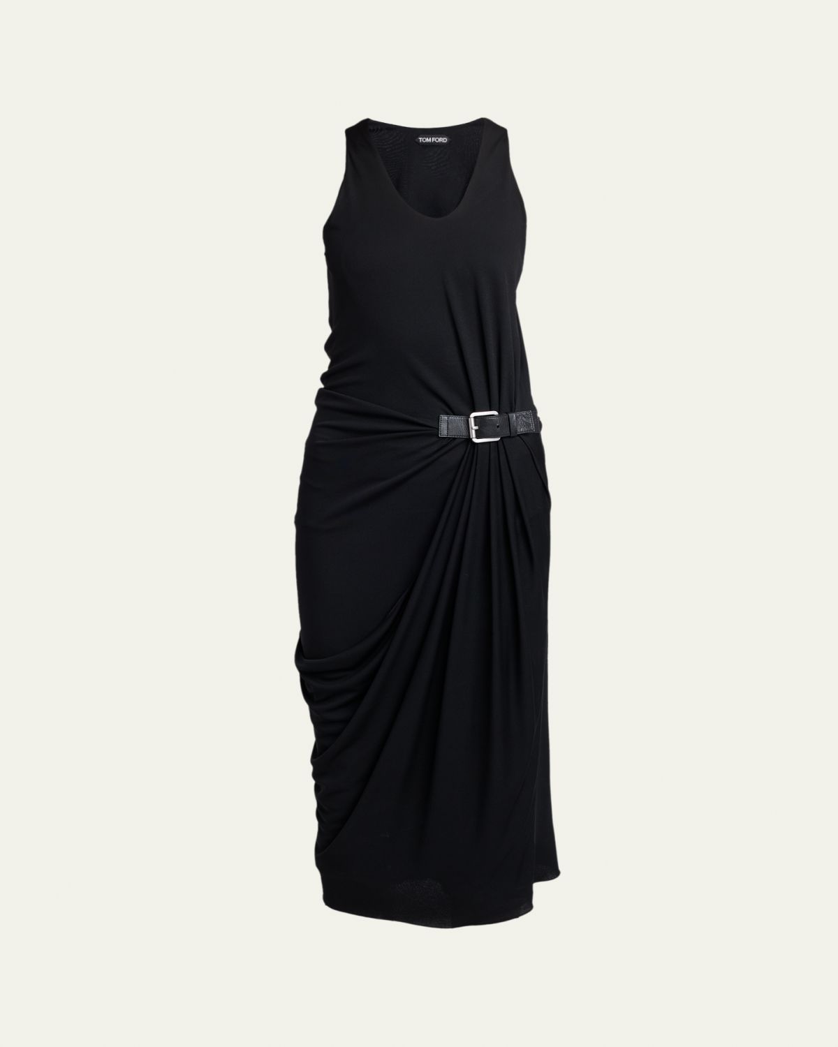 TOM FORD Buckle Gathered Crepe Jersey Sleeveless Midi Dress