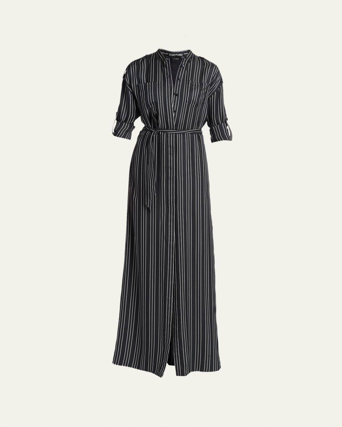 TOM FORD Striped Silk Long-Sleeve Belted Maxi Shirtdress