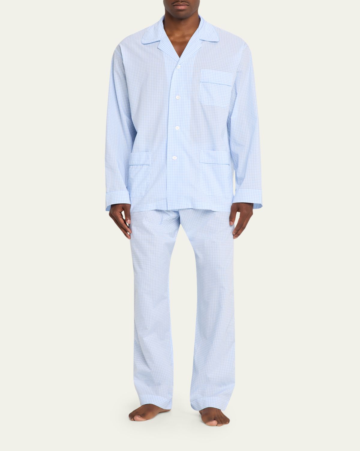 Bergdorf Goodman Men's Cotton and Linen Micro-Check Long Pajama Set | Thumbnail 2