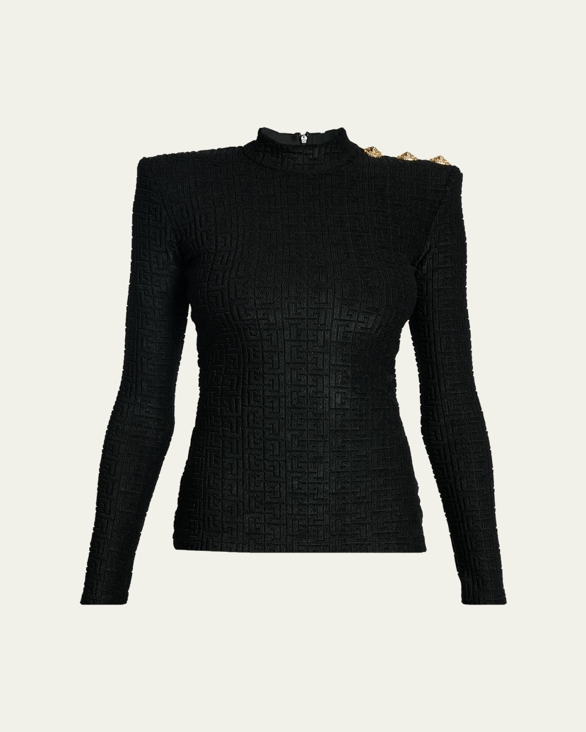 Balmain Button-Shoulder Monogram Bouclette Top