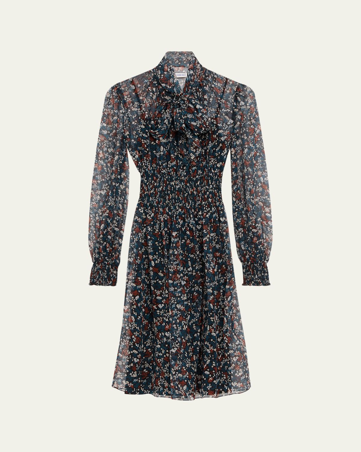 Burberry Disty Floral-Print Silk Creponne Bow-Neck Long-Sleeve Dress
