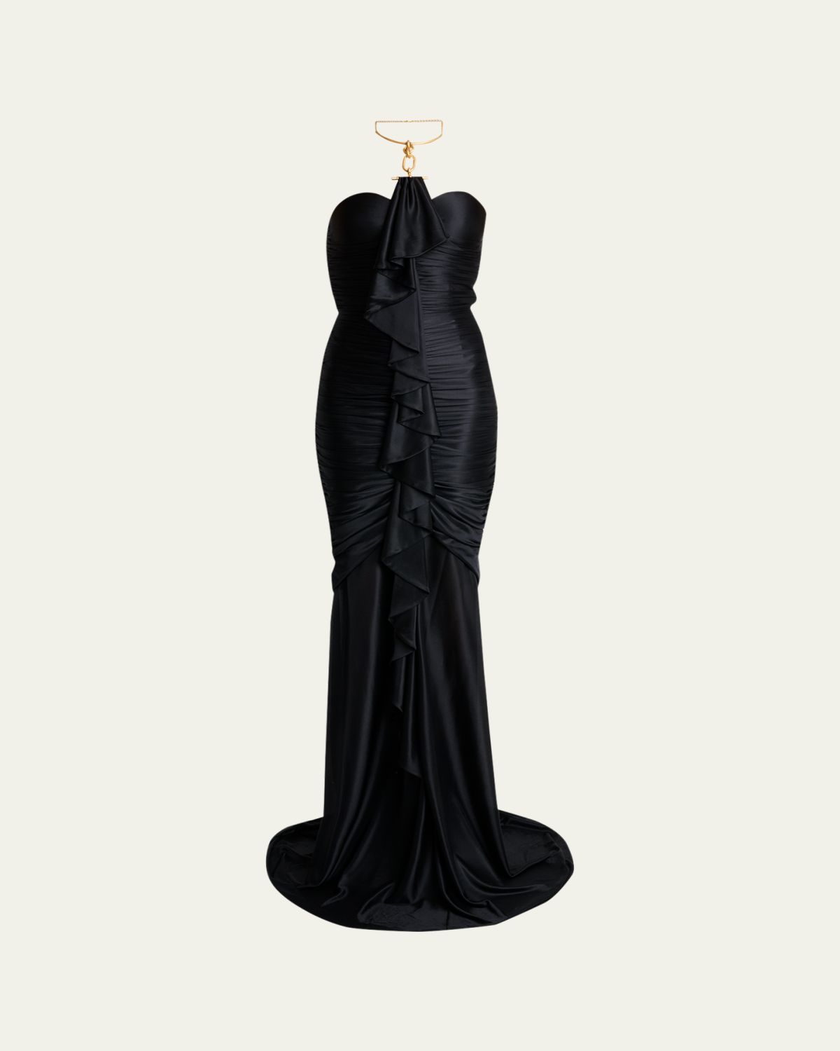 Balmain Gathered Ruffle Chain Halter Mermaid Gown
