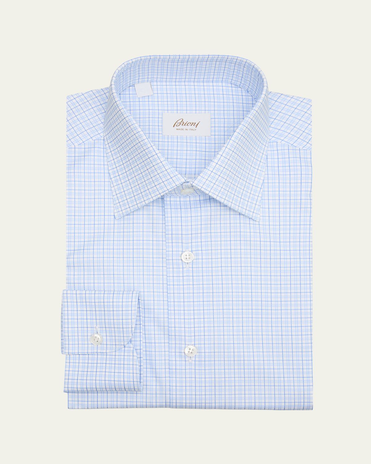 Brioni Men's Cotton Micro-Plaid Point Collar Dress Shirt