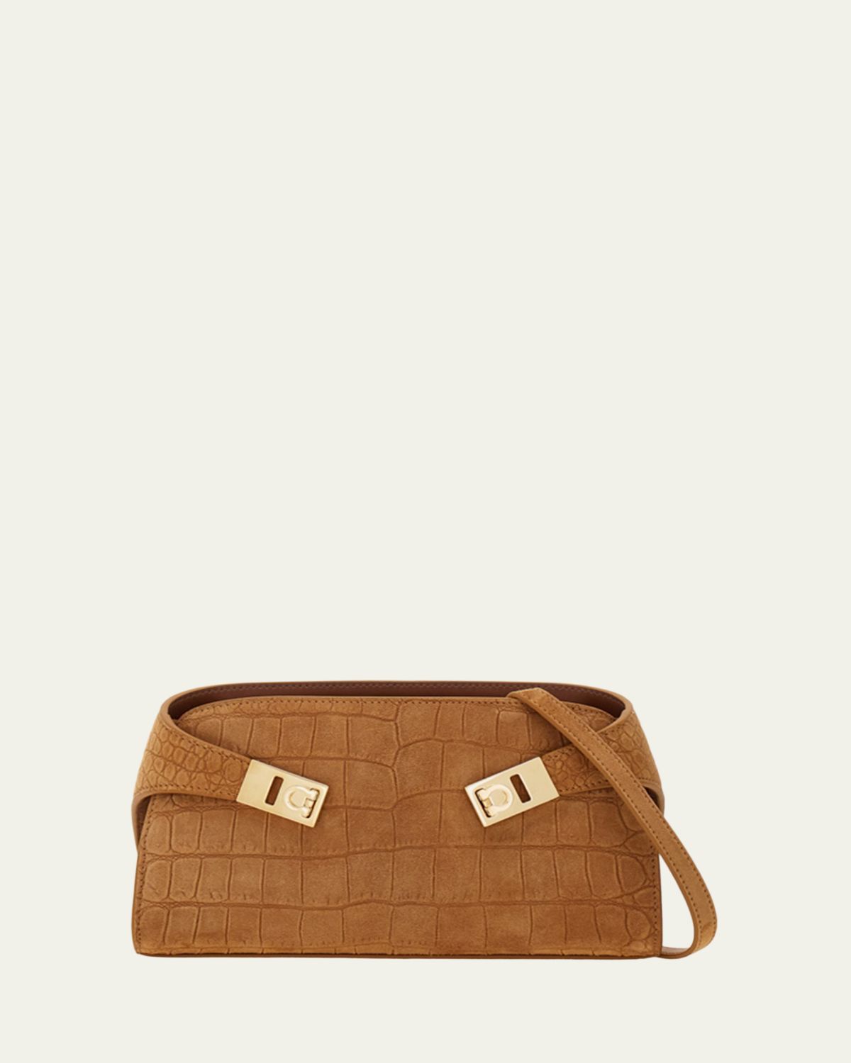 Ferragamo Hug Croc-Embossed Suede Clutch Bag