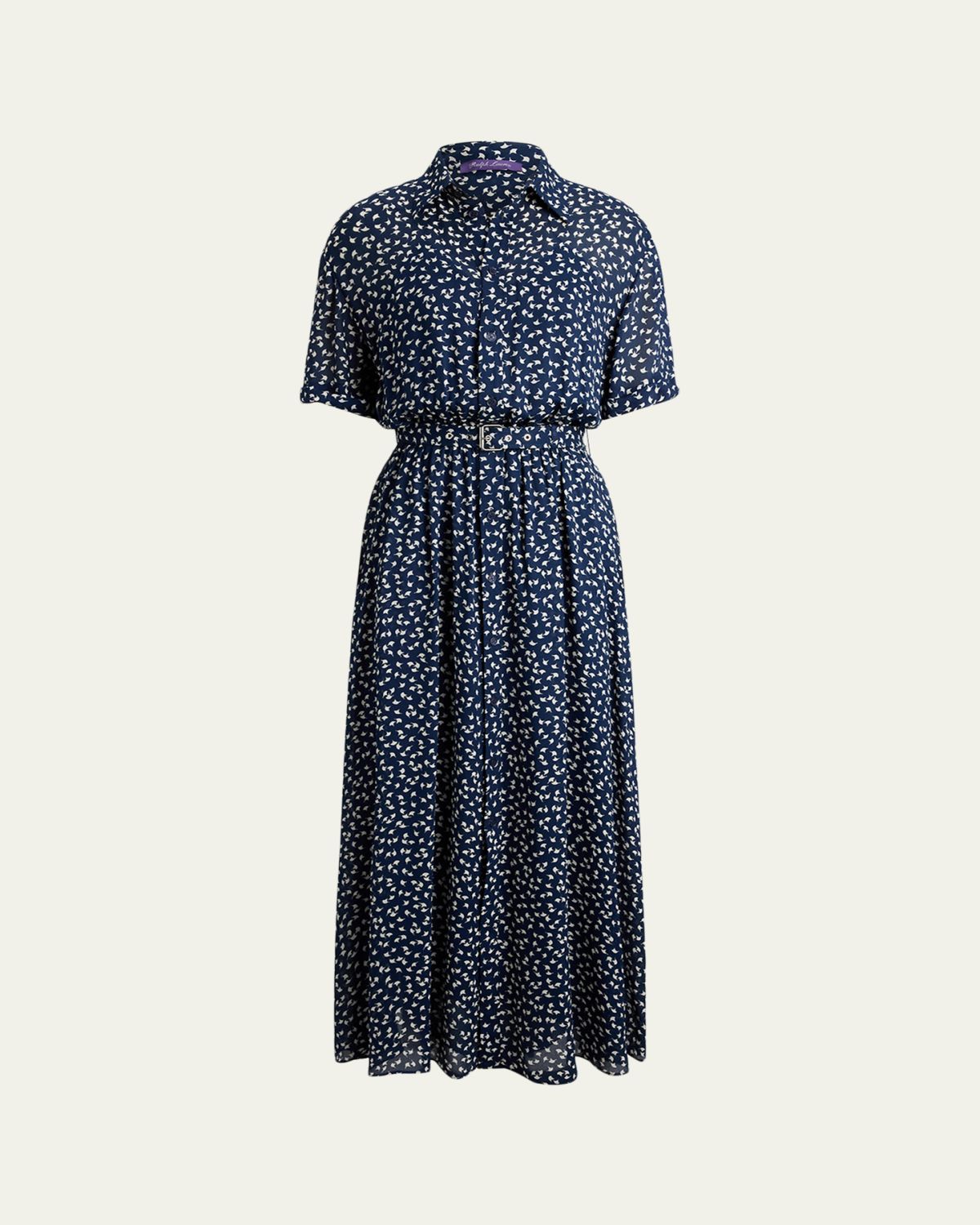 Ralph Lauren Collection Wave Geo-Print Short-Sleeve Belted Midi Shirtdress