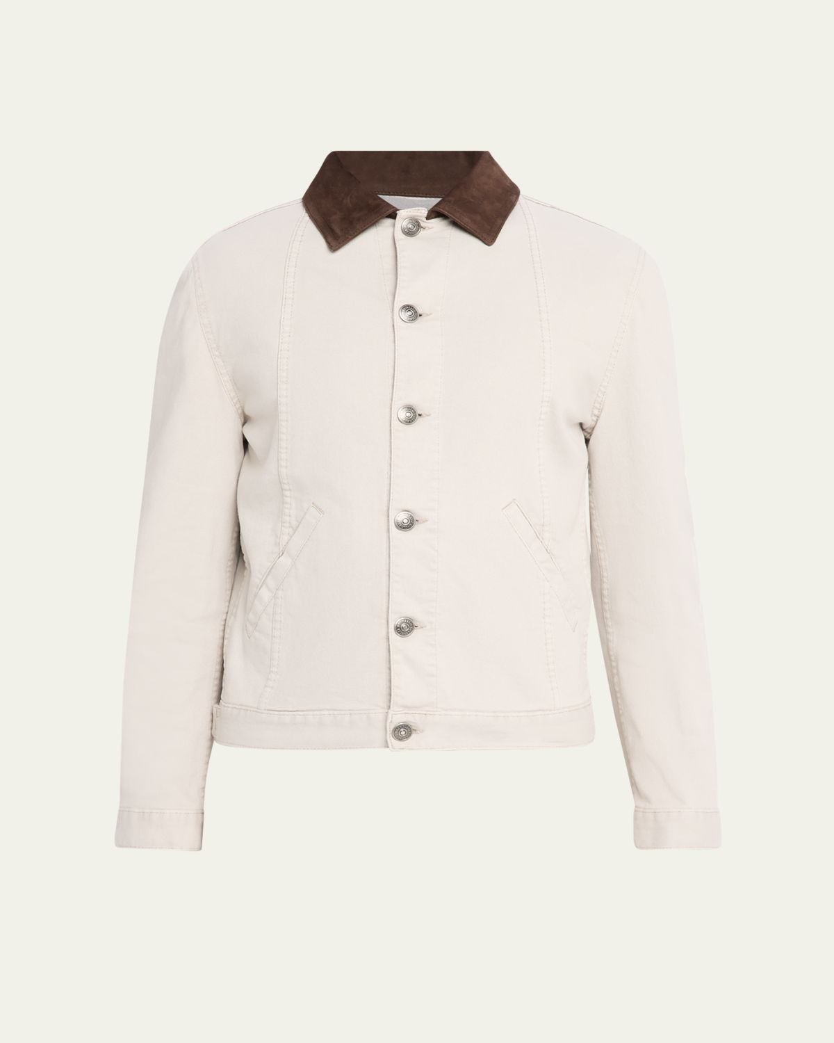 Brunello Cucinelli Men's Garment-Dyed Denim Leather-Collar Shirt Jacket | Thumbnail 10 Brunello Cucinelli Men's Garment-Dyed Denim Leather-Collar Shirt Jacket | Thumbnail 10
