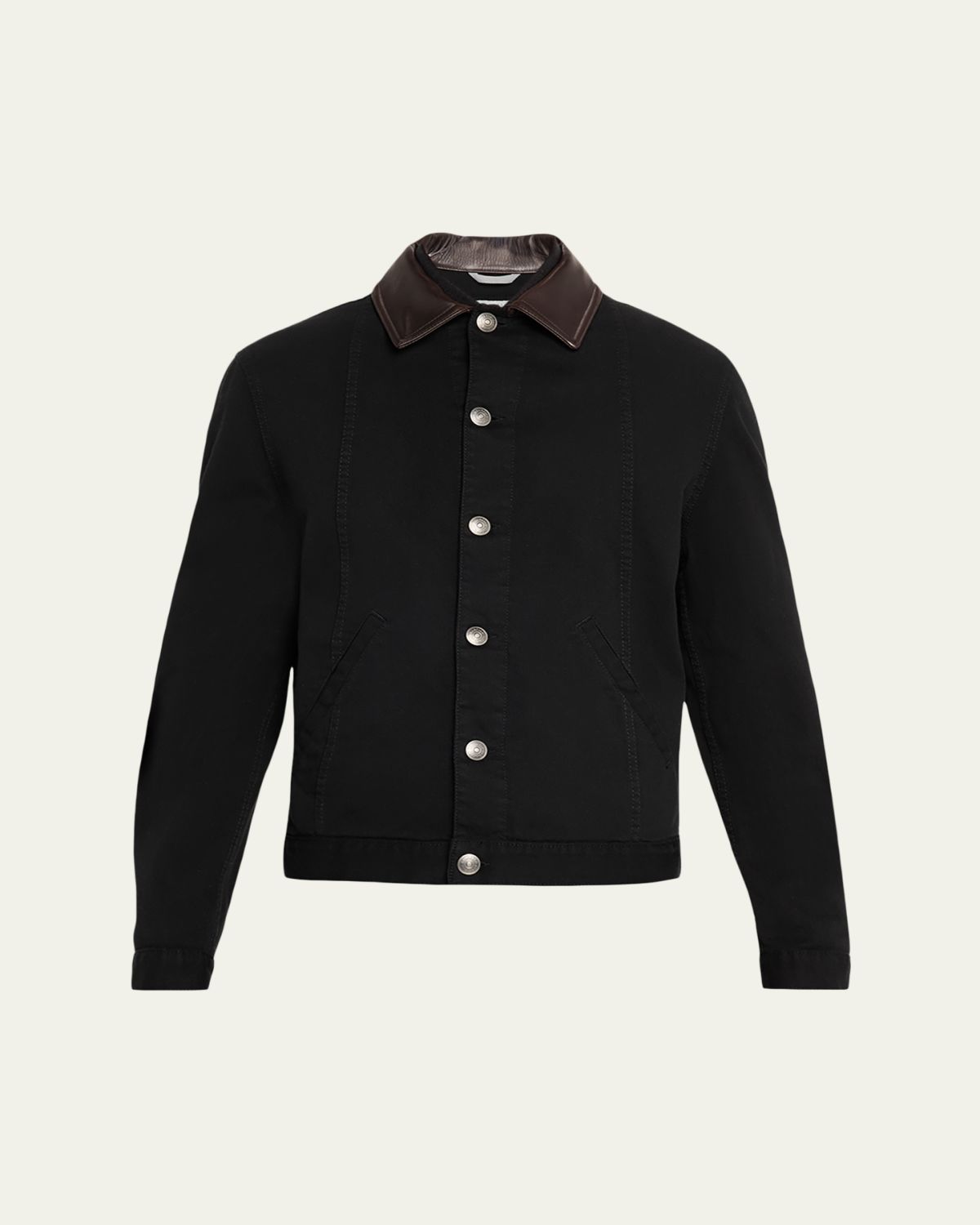 Brunello Cucinelli Men 's Garment-Dyed Denim Leather-Collar Shirt Jacket