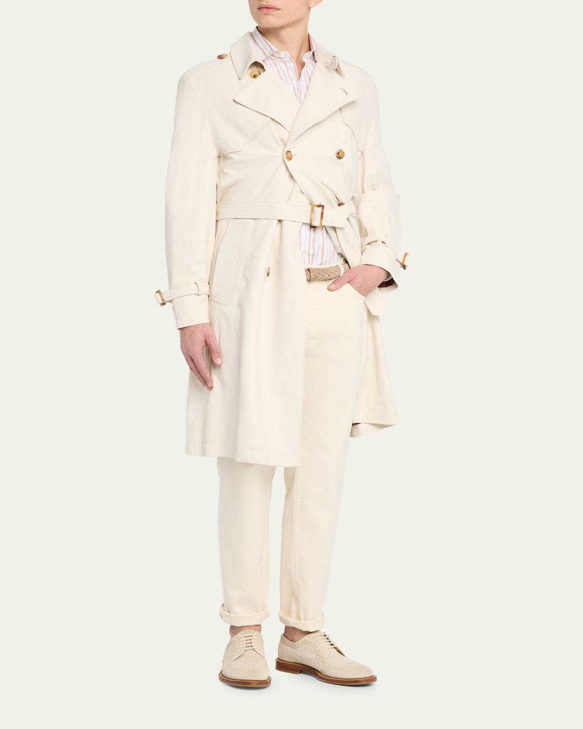 Brunello Cucinelli en's Belted Leather Double-Breasted Trench Coat | Thumbnail 4