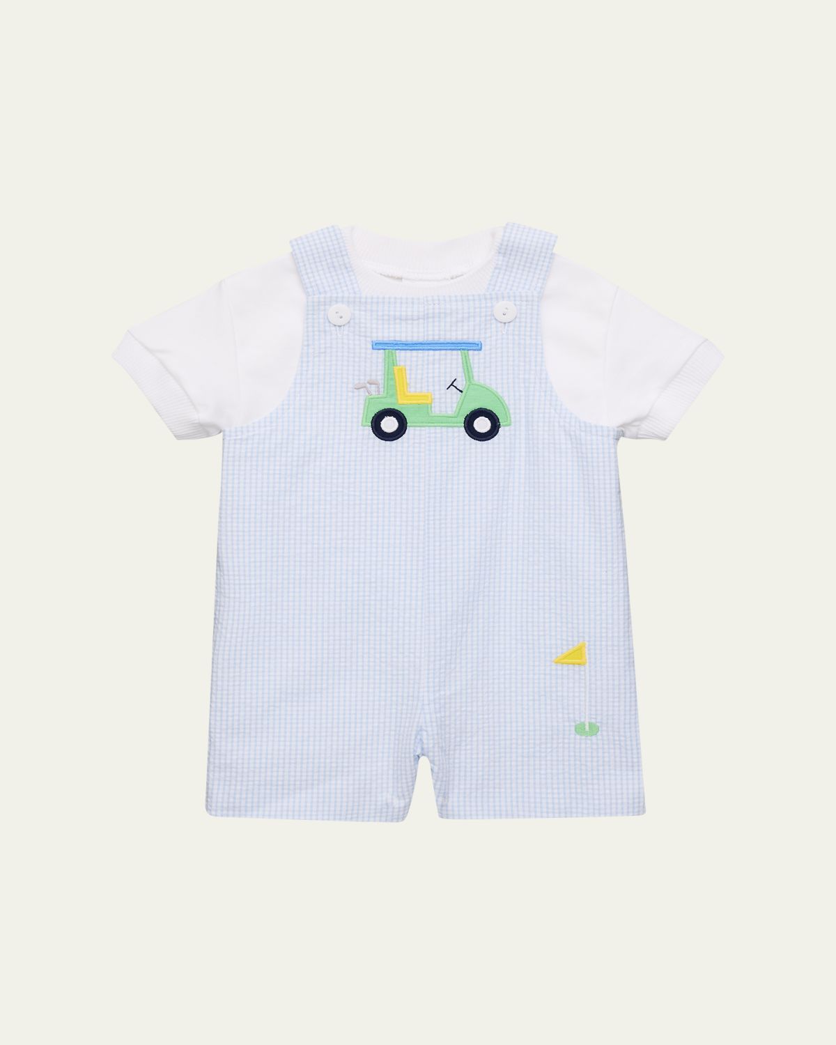 Florence Eiseman Boy 's Golf Cart Check Seersucker Shortall, Size 3M-24M