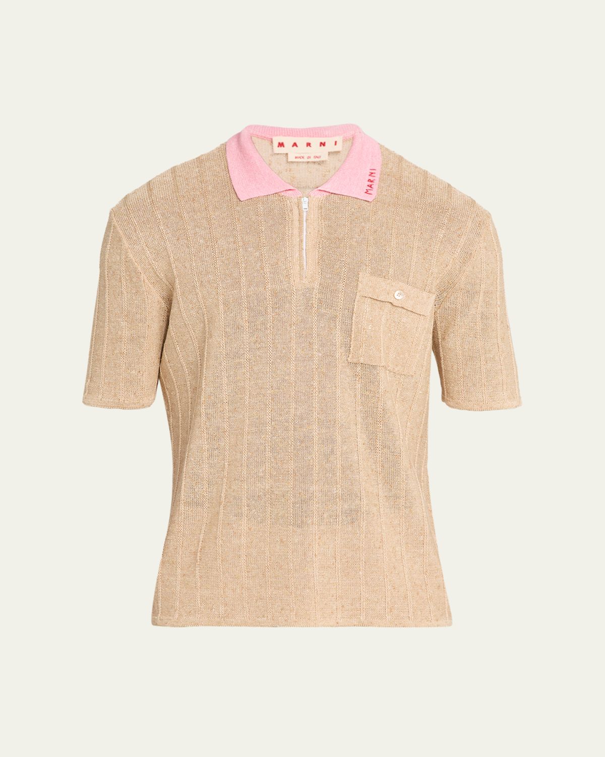 Marni Men's Linen and Cotton Logo-Collar Half-Zip Polo Sweater