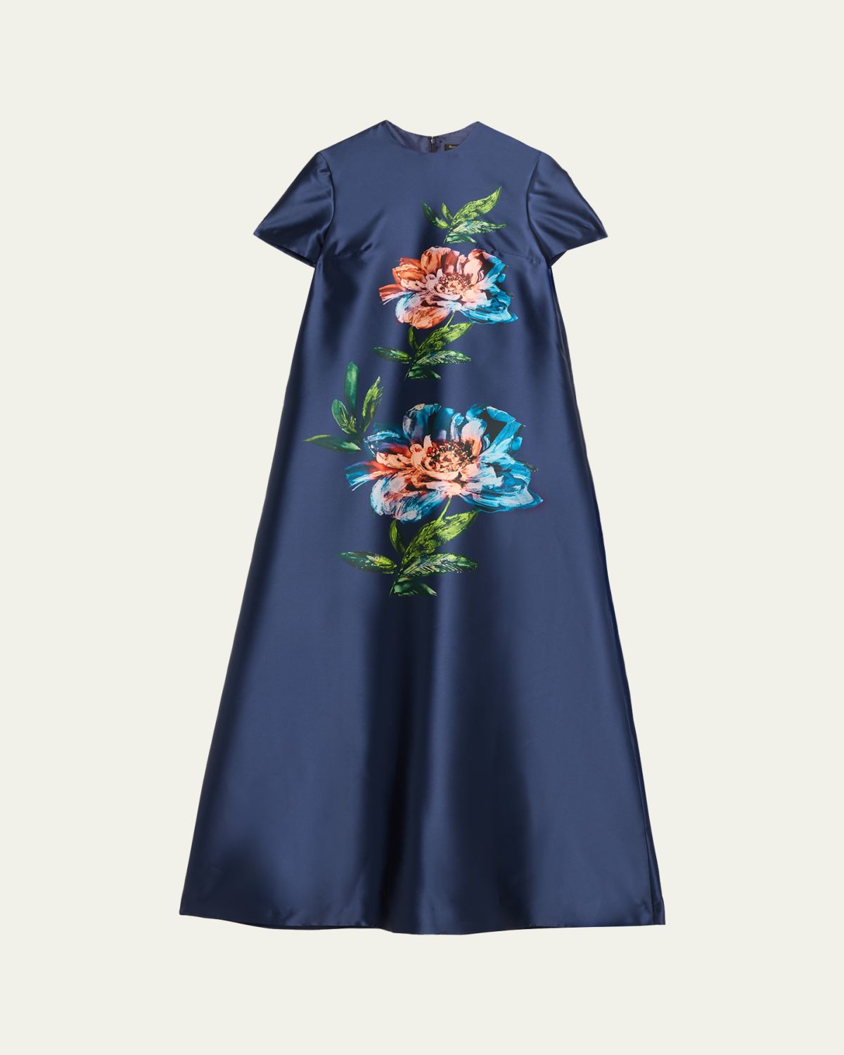 Reem Acra Floral-Print Satin Faille Long Kaftan Gown