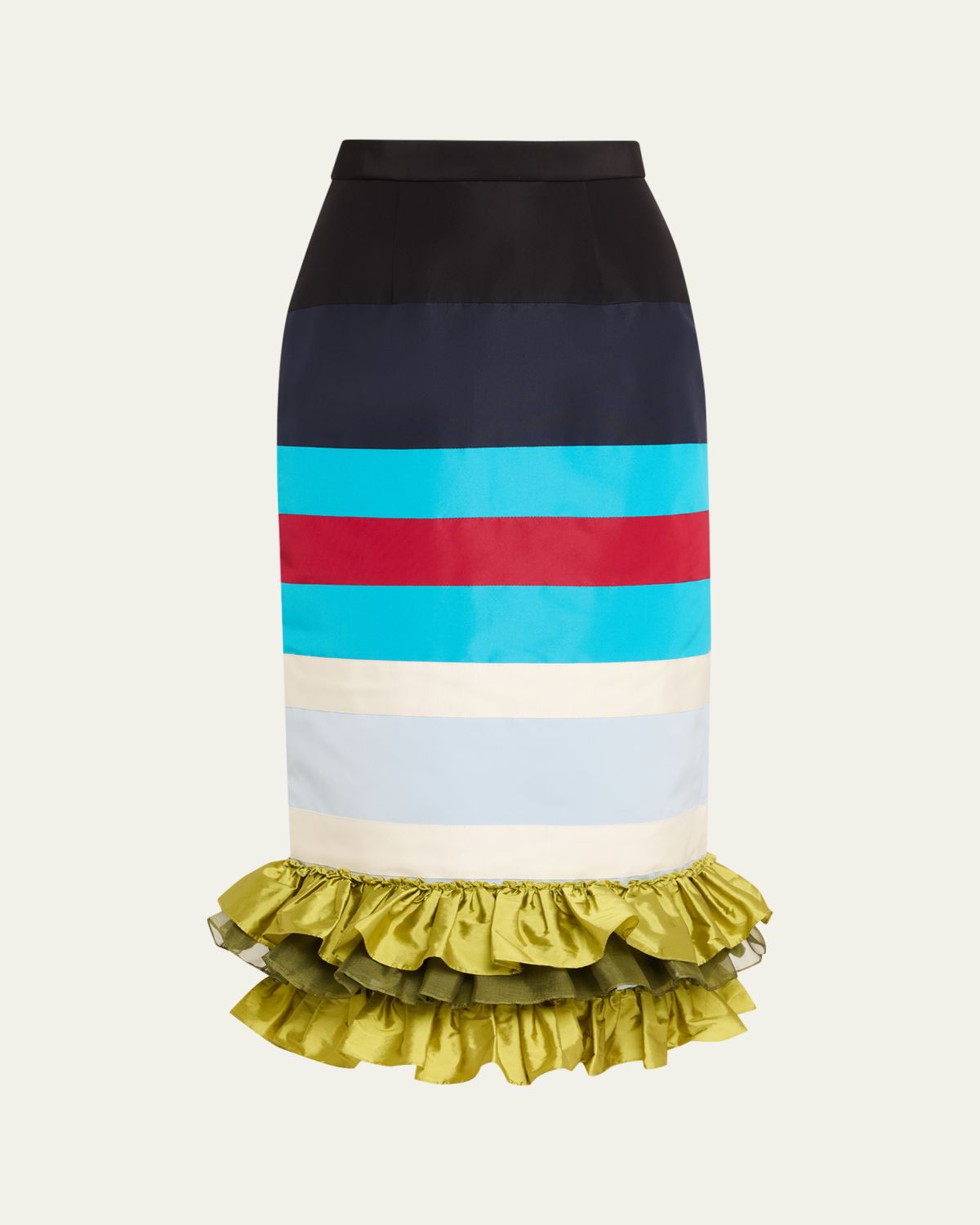 CHRISTOPHER JOHN ROGERS Striped Embroidered Ruffle-Hem Midi Skirt