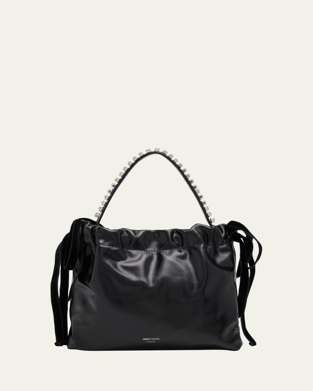 Jimmy Choo Leather Drawstring Mini Top-Handle Bag with Crystal-Embellished Handle
