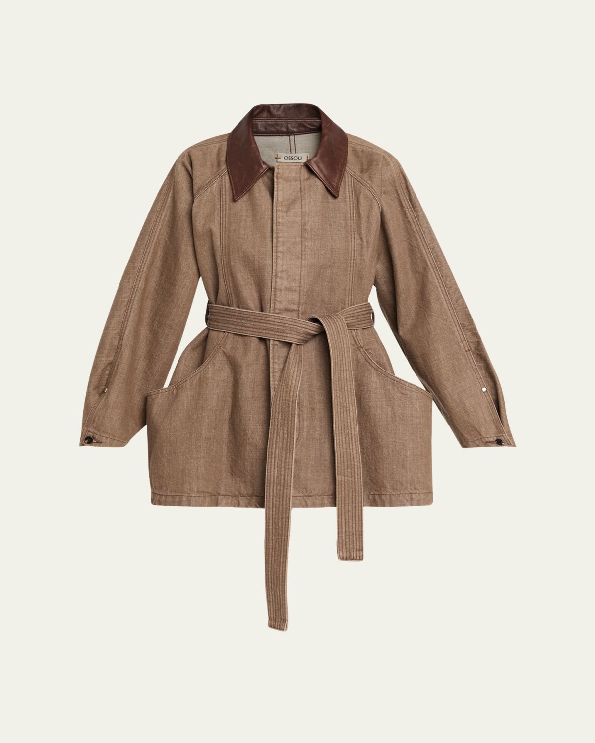 Ossou Sweep Belted Denim Jacket with Leather Collar