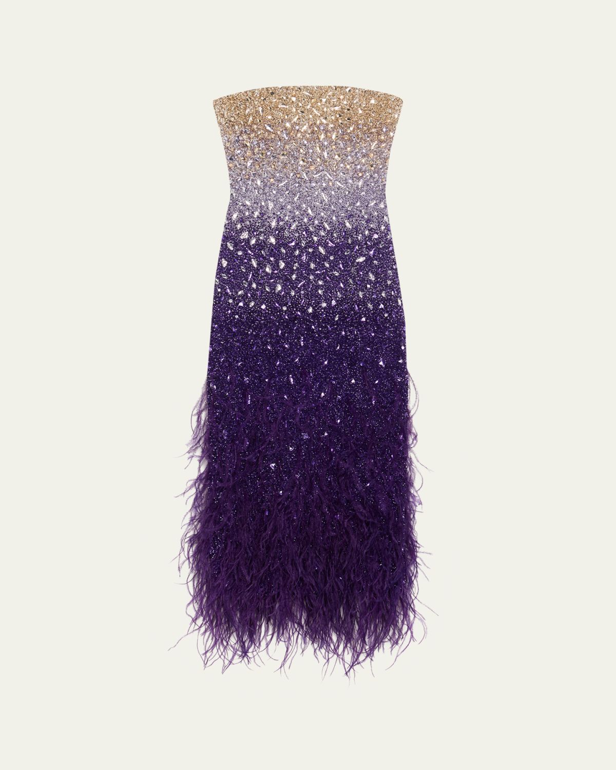 Pamella Roland Signature Sequined Ombré Feather-Trim Gown