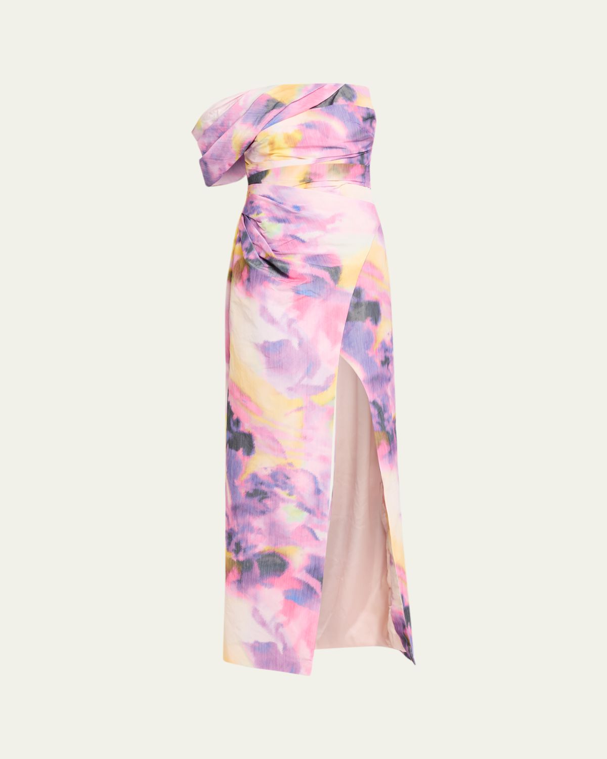 Pamella Roland Floral Taffeta Asymmetric Gown