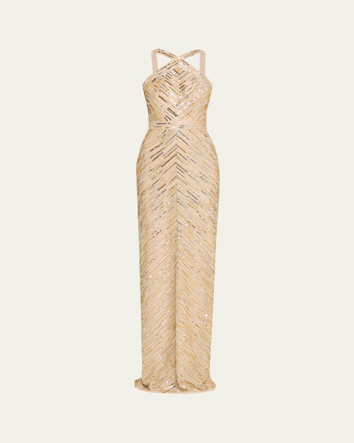 Pamella Roland Embellished Tulle Halter Gown