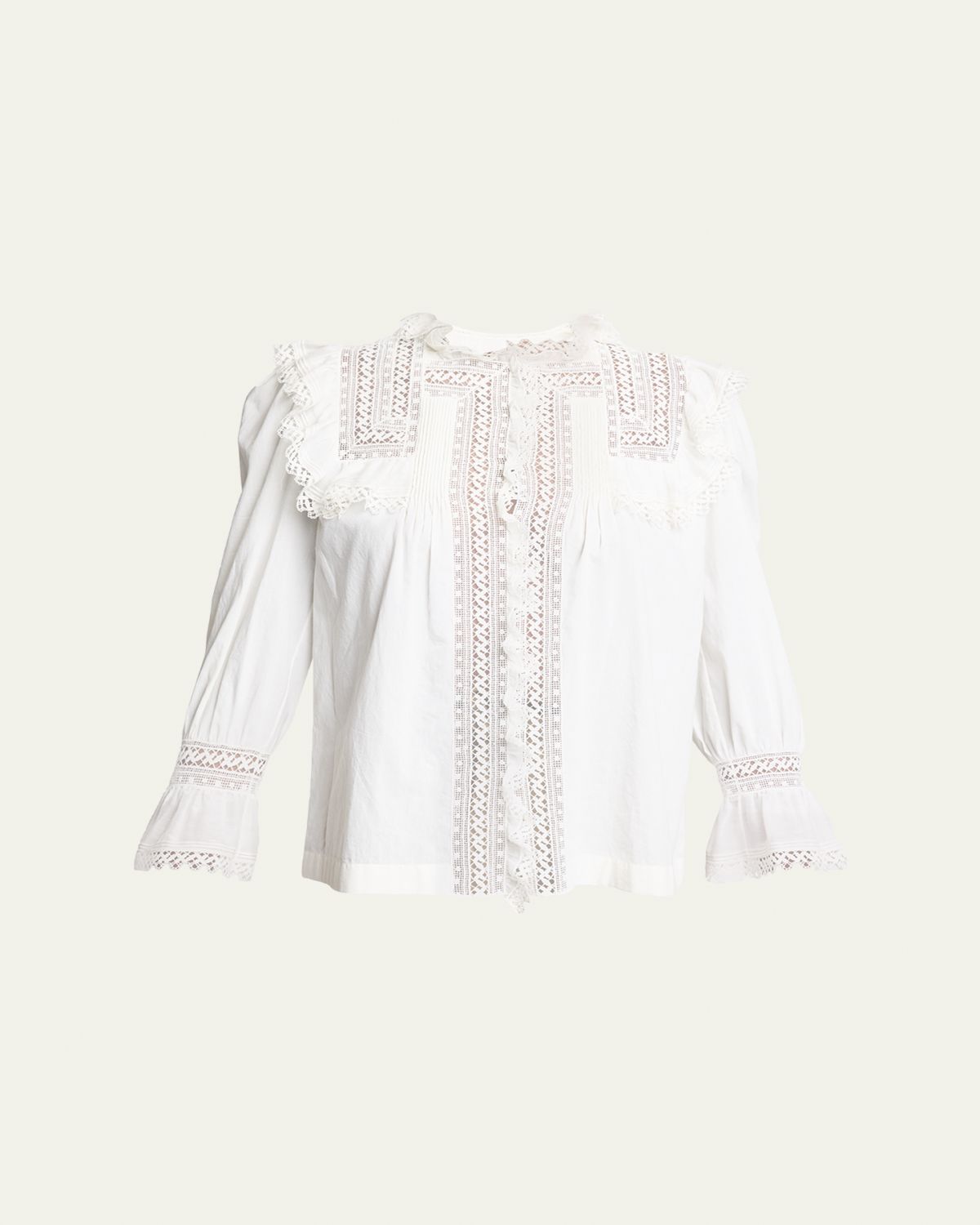Saint Laurent Lace-Yoke Ruffle Poplin Blouse
