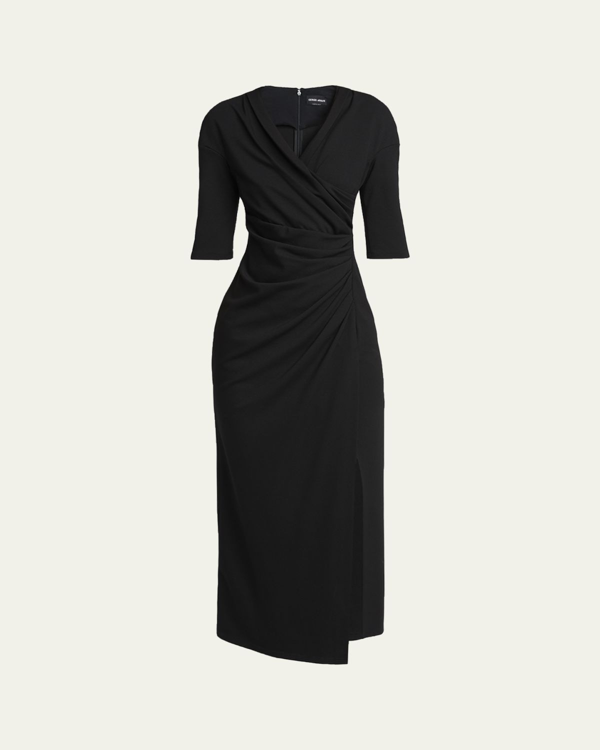 Giorgio Armani Elbow-Sleeve Draped Crepe Slit Midi Dress