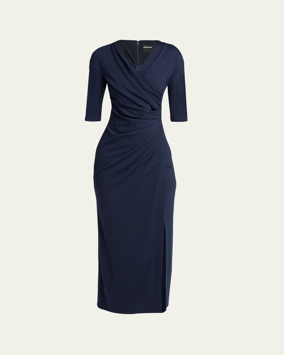 Giorgio Armani Elbow-Sleeve Draped Slit Midi Dress