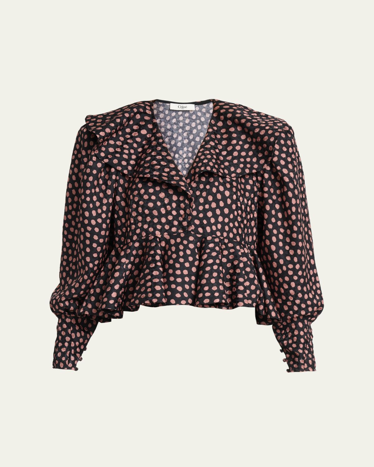 Chloe Dots-Print Silk Jacquard Peplum Blouse