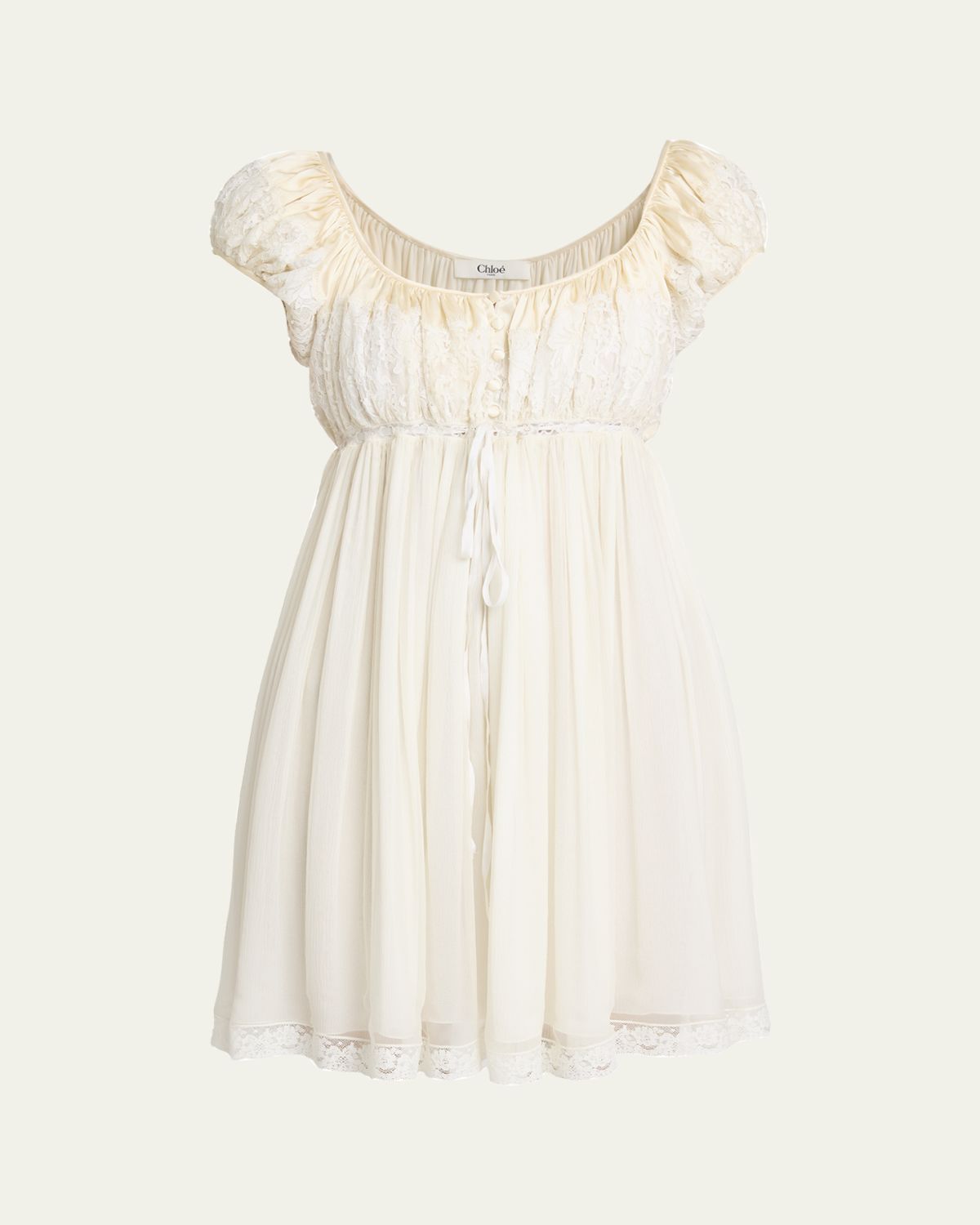 Chloe Lace-Trim Short-Sleeve Silk Mousseline Mini Babydoll Dress