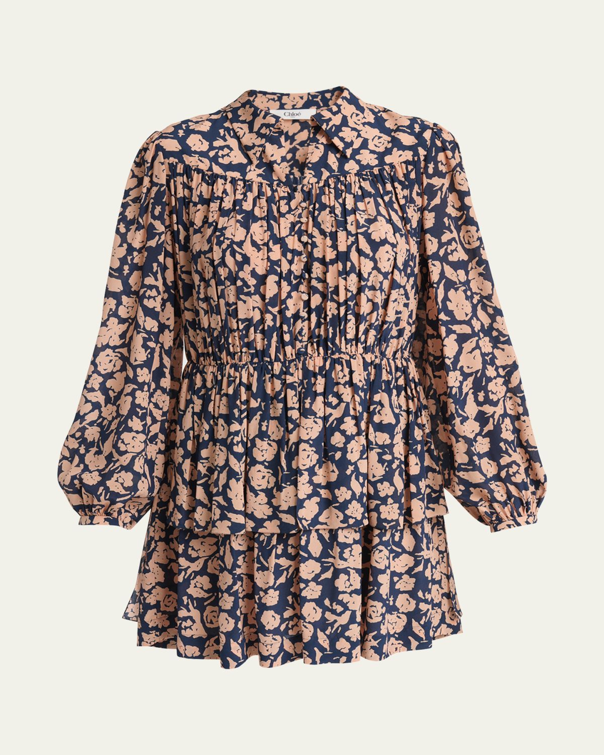 Chloe Floral-Print Silk Crepe De Chine Ruffle Mini Shirtdress