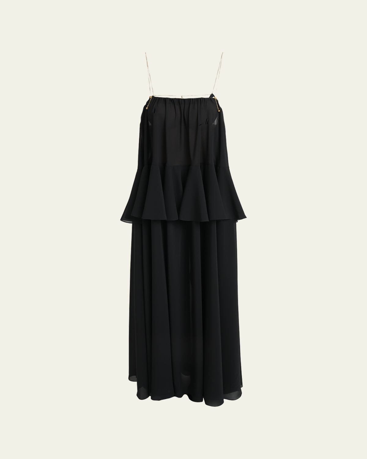 Chloe Pendant-Chain Tiered Organic Silk Georgette Backless Gown