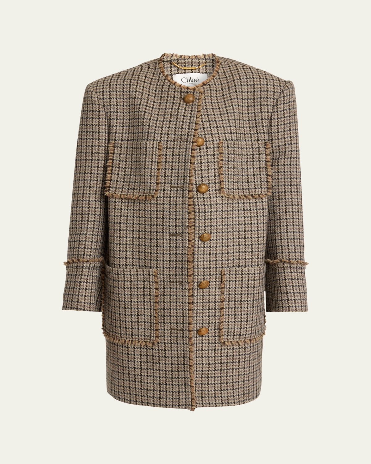 Chloe Fringed Houndstooth Wool Oversized Jacket