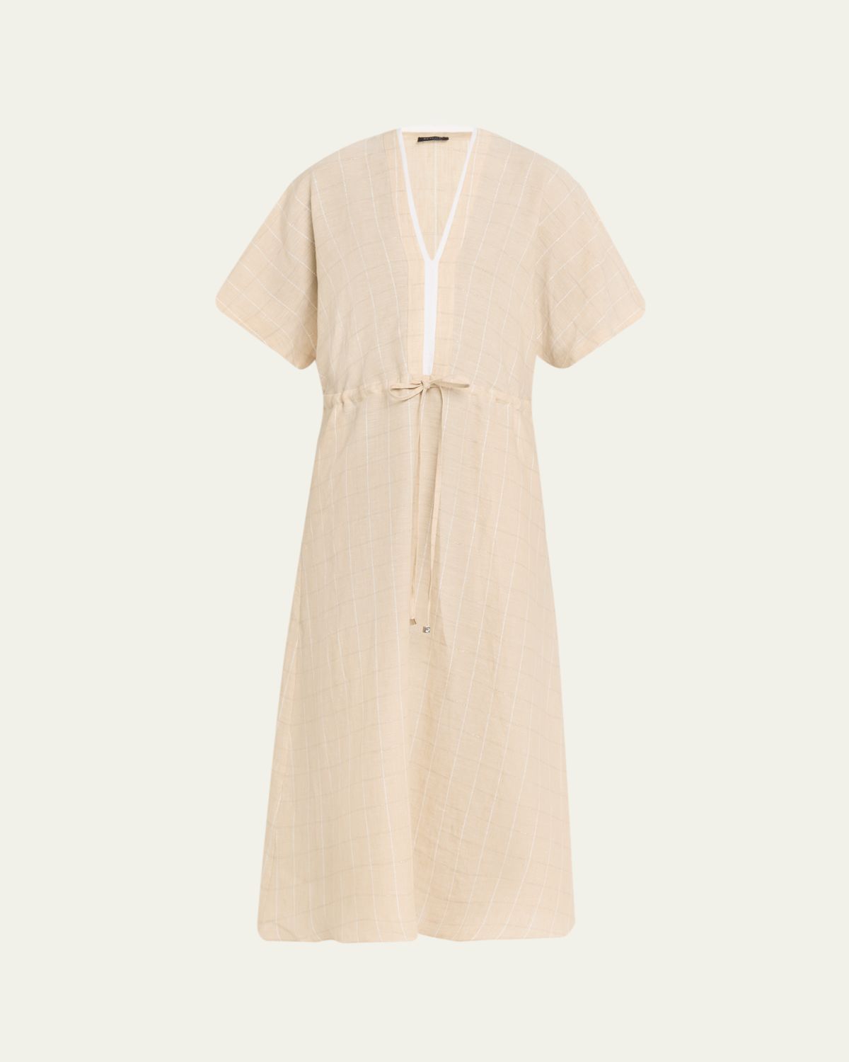 Kiton Drawstring Metallic Check Linen Midi Dress
