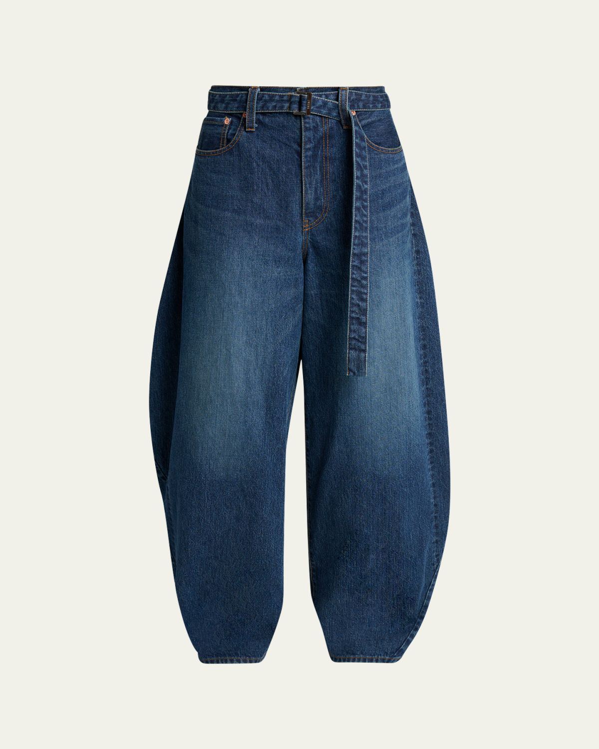 SACAI Belted Denim Barrel-Leg Pants
