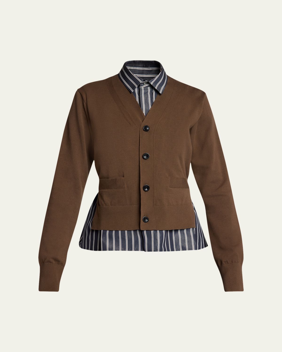 SACAI Mixed-Media Striped Layered Cardigan