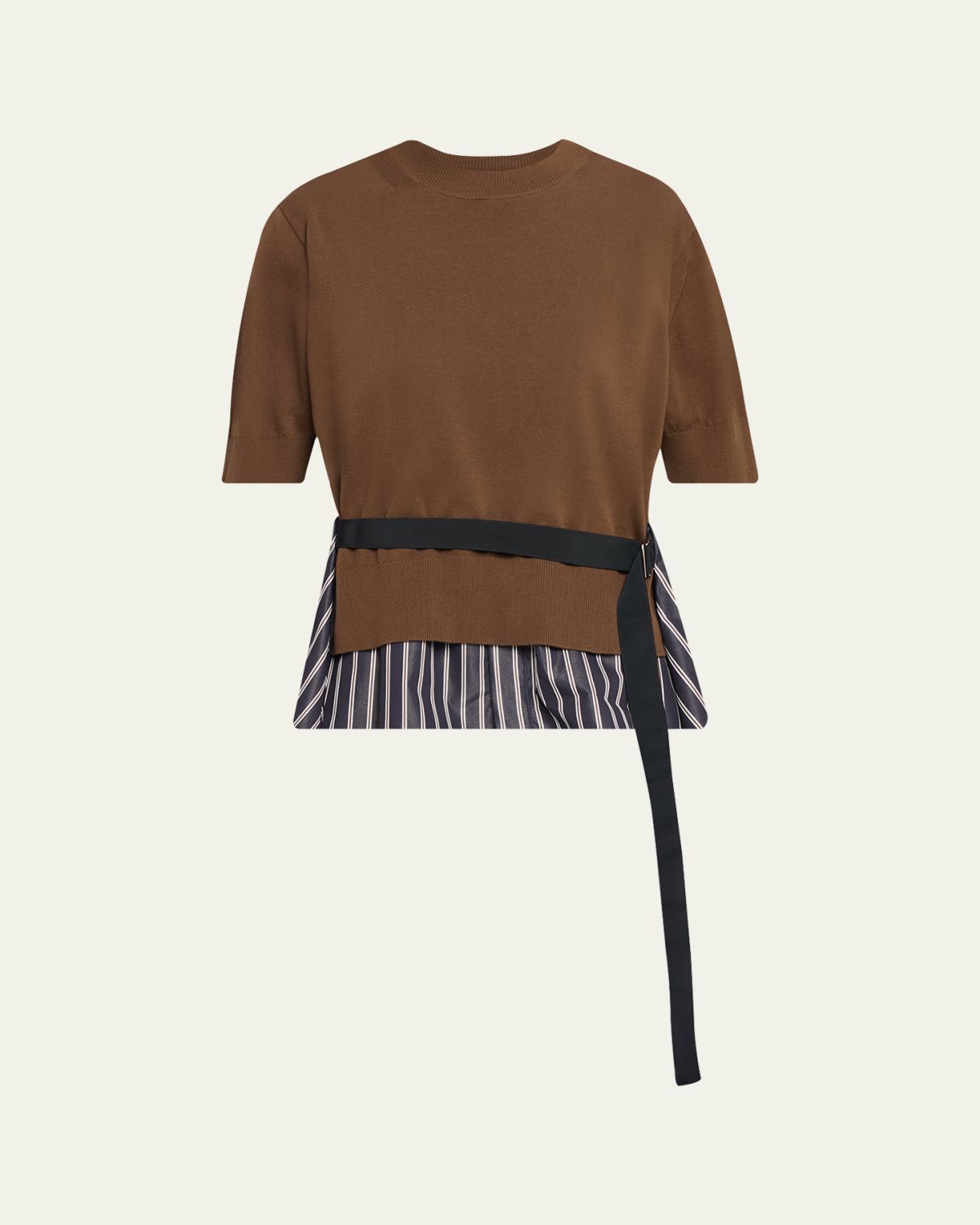 SACAI Mixed-Media Poplin Knit Belted Top