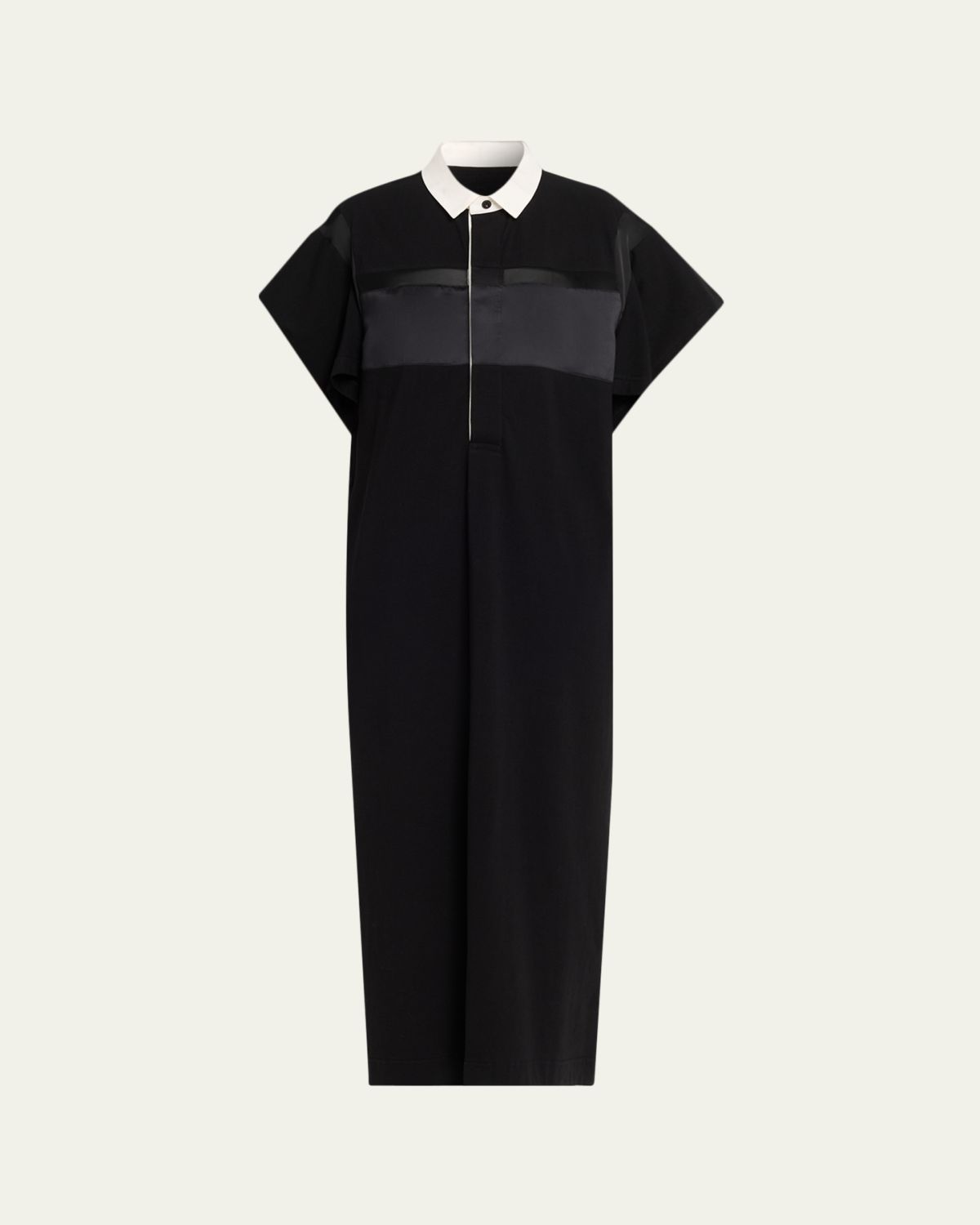 SACAI Satin-Inset Cotton Jersey Short-Sleeve Maxi Polo Dress