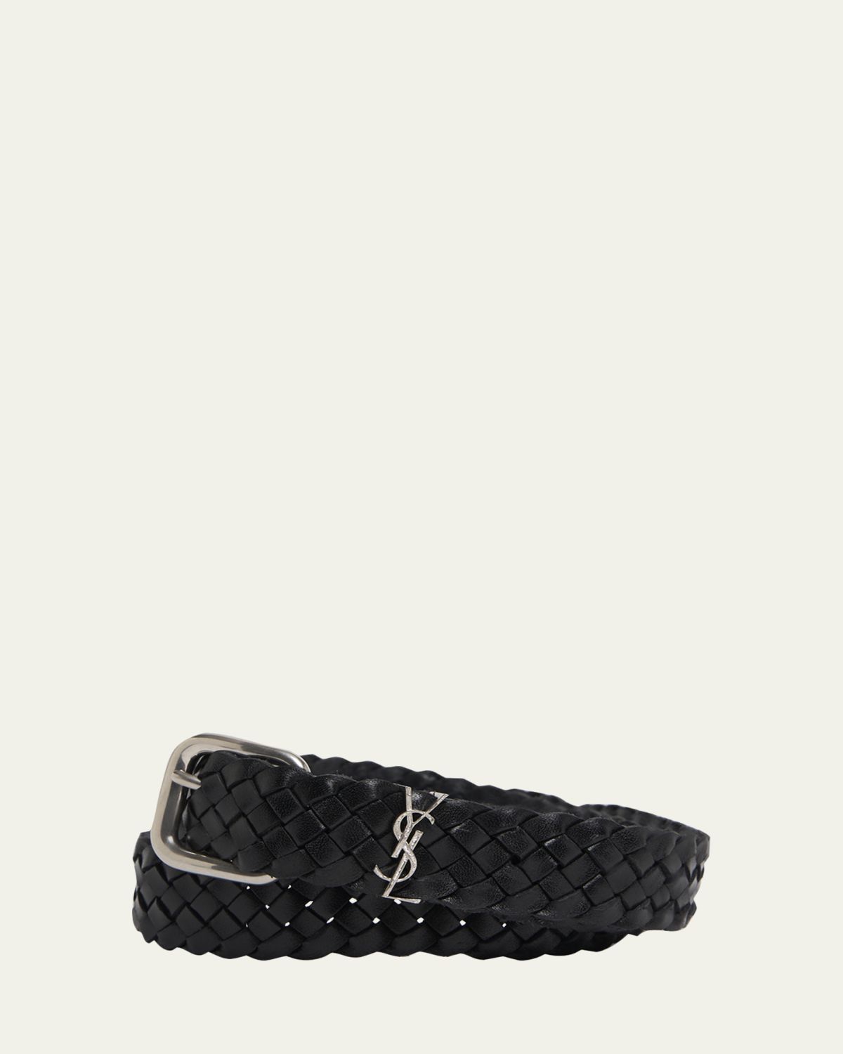 Saint Laurent Men 's Cassandre YSL Woven Leather Belt