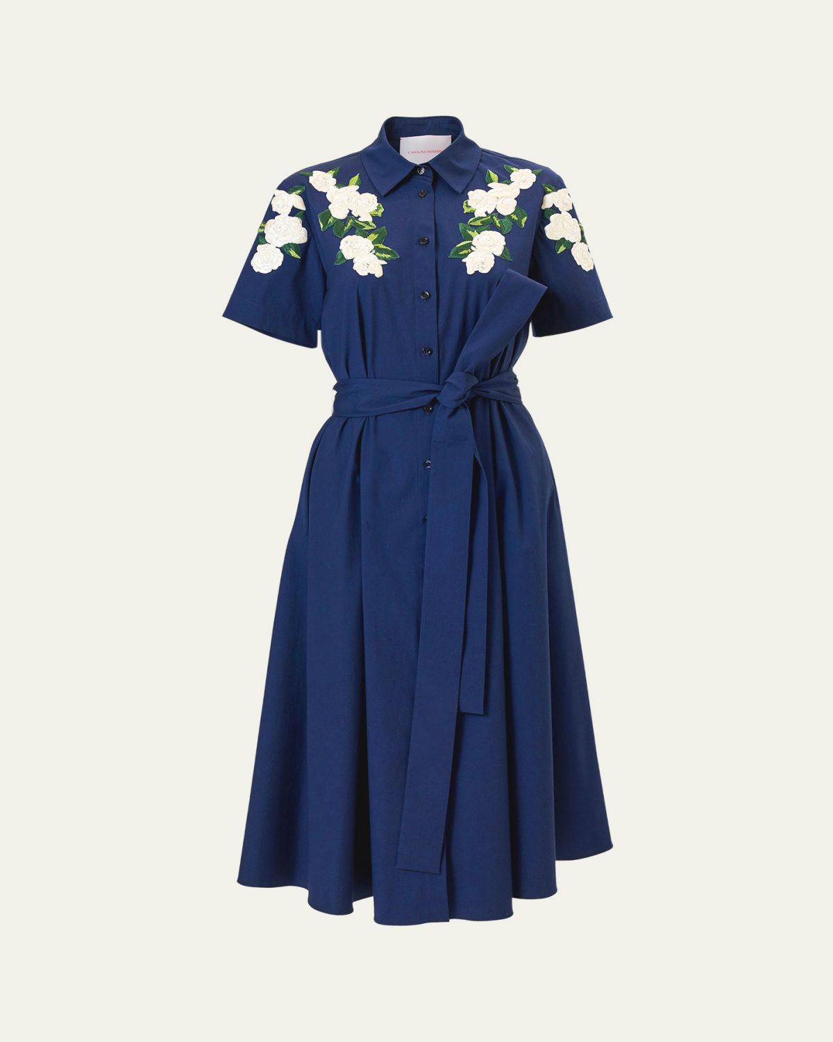 Carolina Herrera Rose Embroidered Short-Sleeve Midi Shirtdress