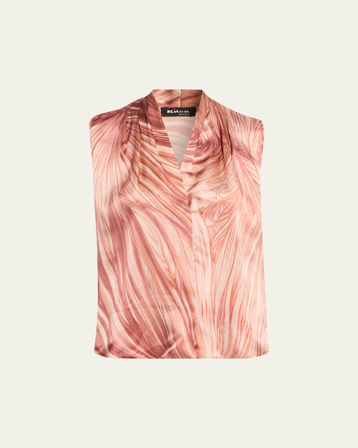 Kiton Feather-Print Silk Sleeveless Blouse