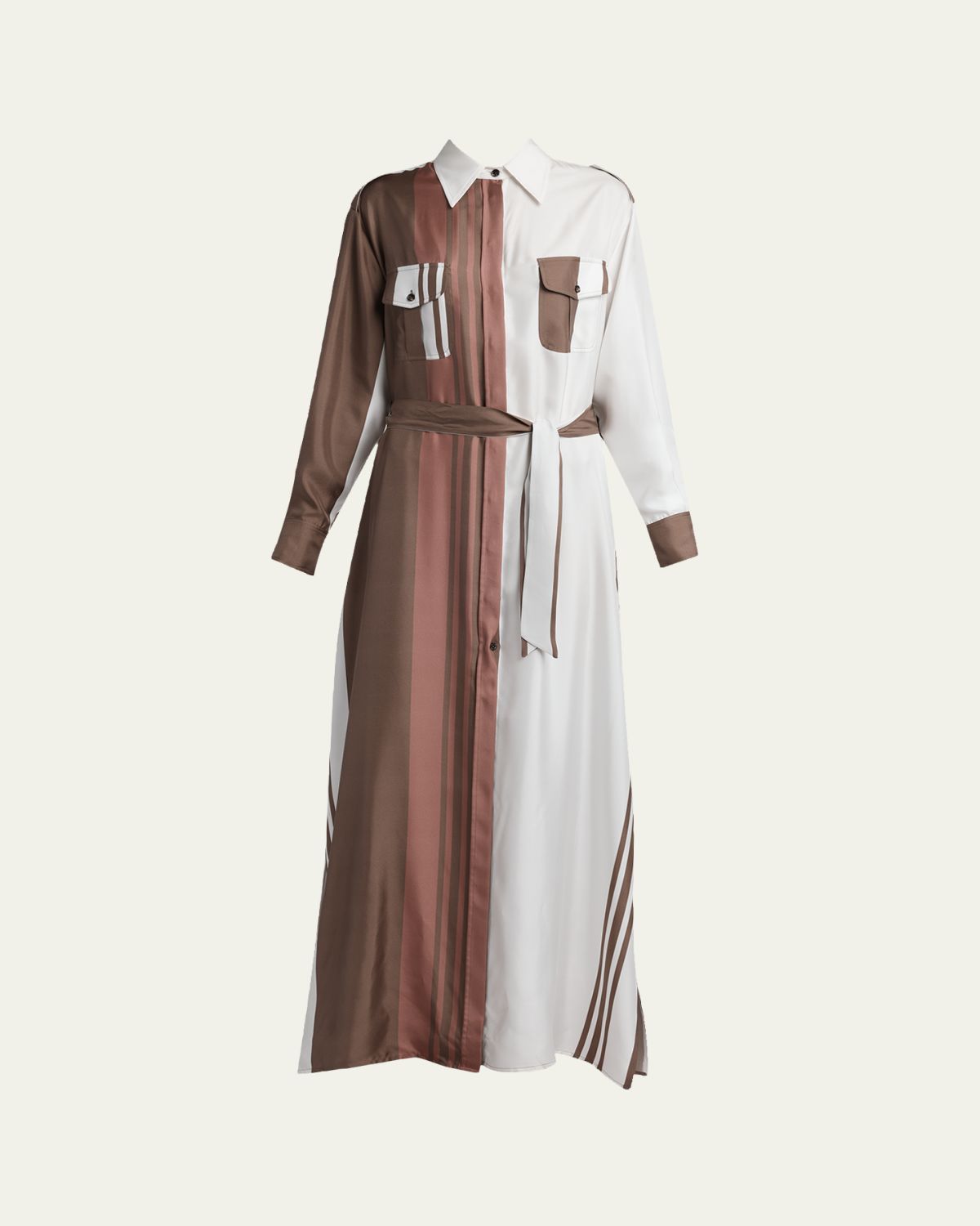 Kiton Striped Silk Belted Maxi Shirtdress