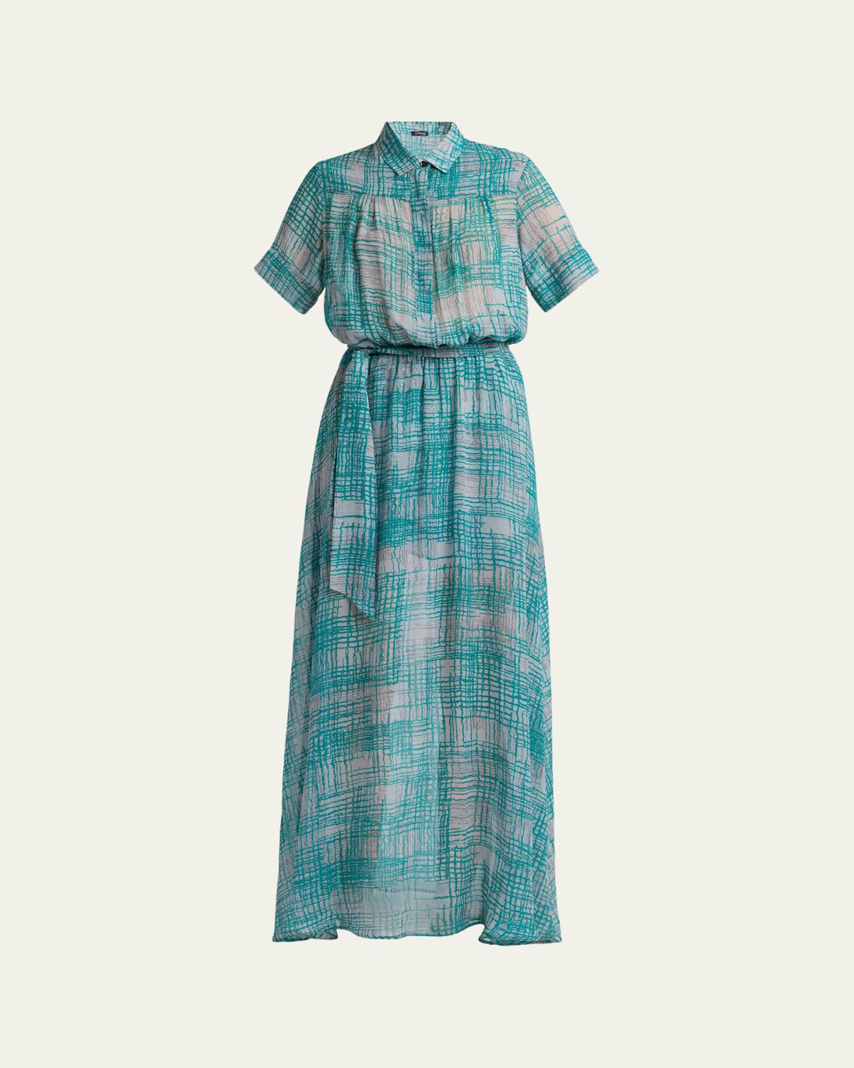 Kiton Check Silk Georgette Short-Sleeve Maxi Shirtdress