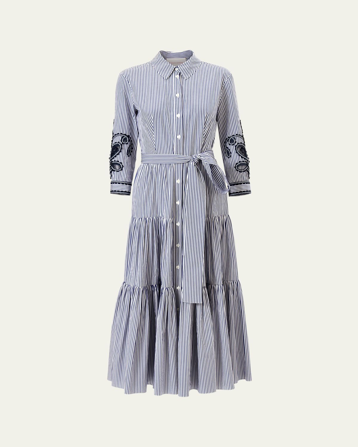 Carolina Herrera Paisley Embroidered 3/4-Sleeve Tiered Midi Shirtdress | Thumbnail 4 Carolina Herrera Paisley Embroidered 3/4-Sleeve Tiered Midi Shirtdress | Thumbnail 4