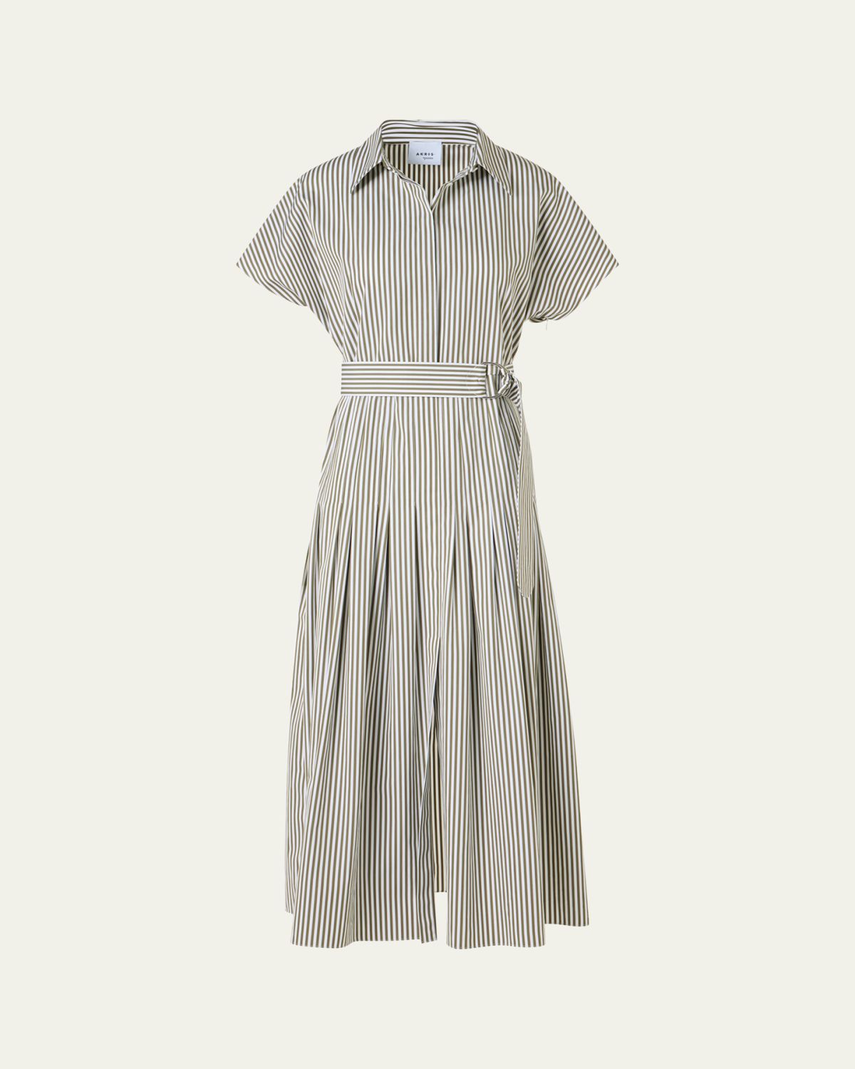 Akris punto Cap-Sleeve Belted Cotton Poplin Pleated Midi Shirtdress