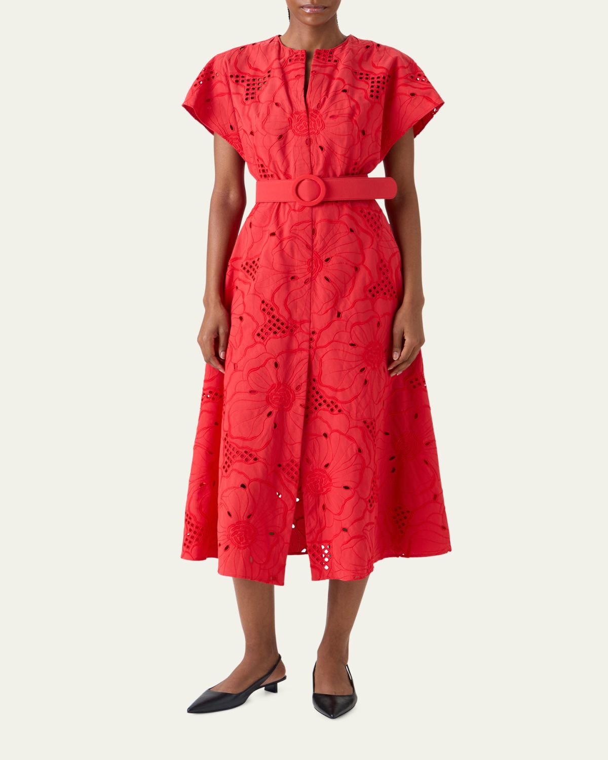 Akris punto Floral Eyelet Embroidered Short-Sleeve Belted Midi Dress | Thumbnail 2 Akris punto Floral Eyelet Embroidered Short-Sleeve Belted Midi Dress | Thumbnail 2