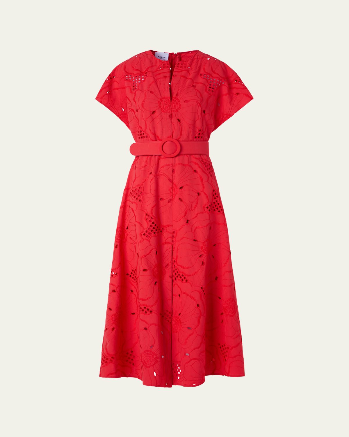 Akris punto Floral Eyelet Embroidered Short-Sleeve Belted Midi Dress