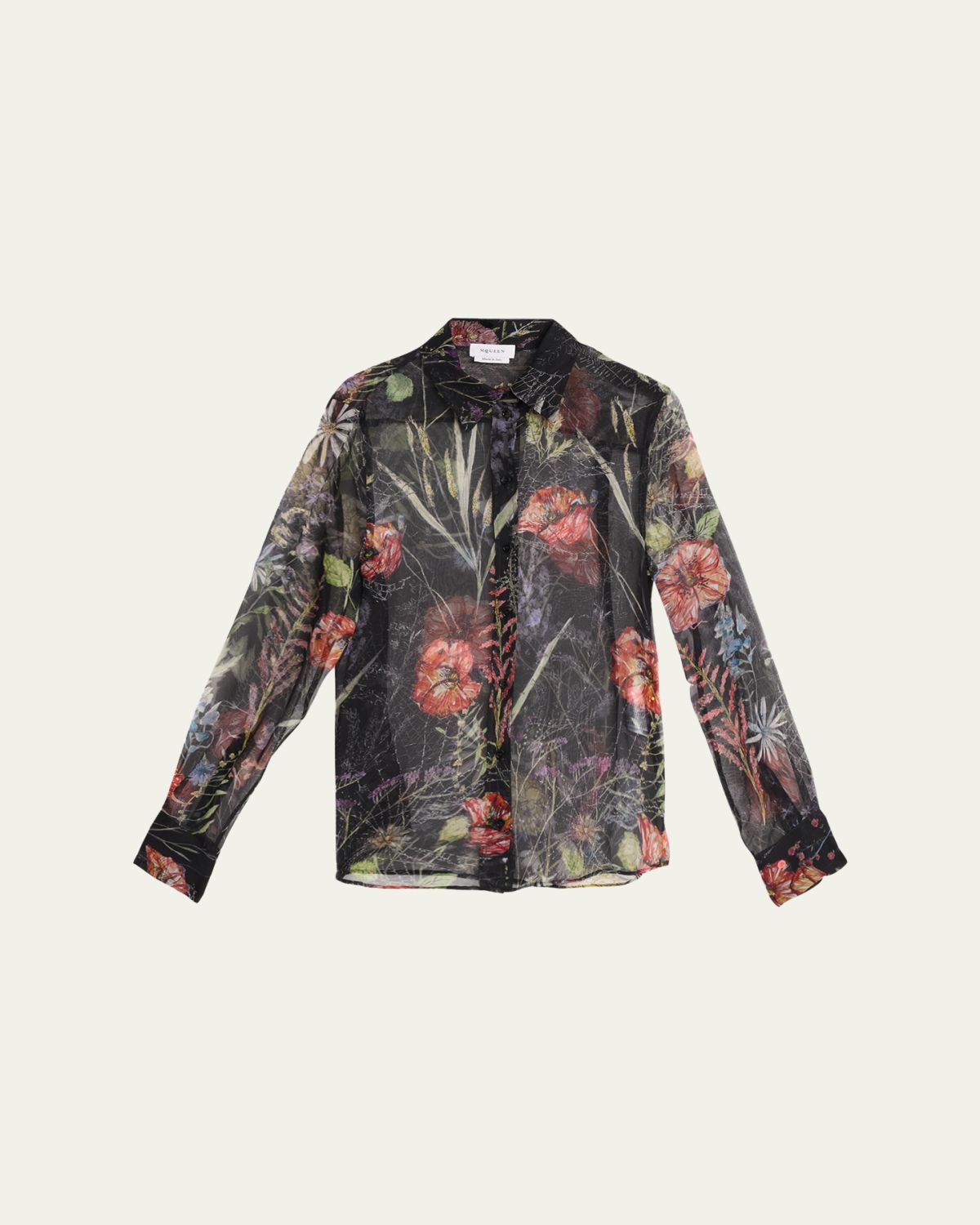 McQueen Floral-Print Silk Organza Collared Blouse