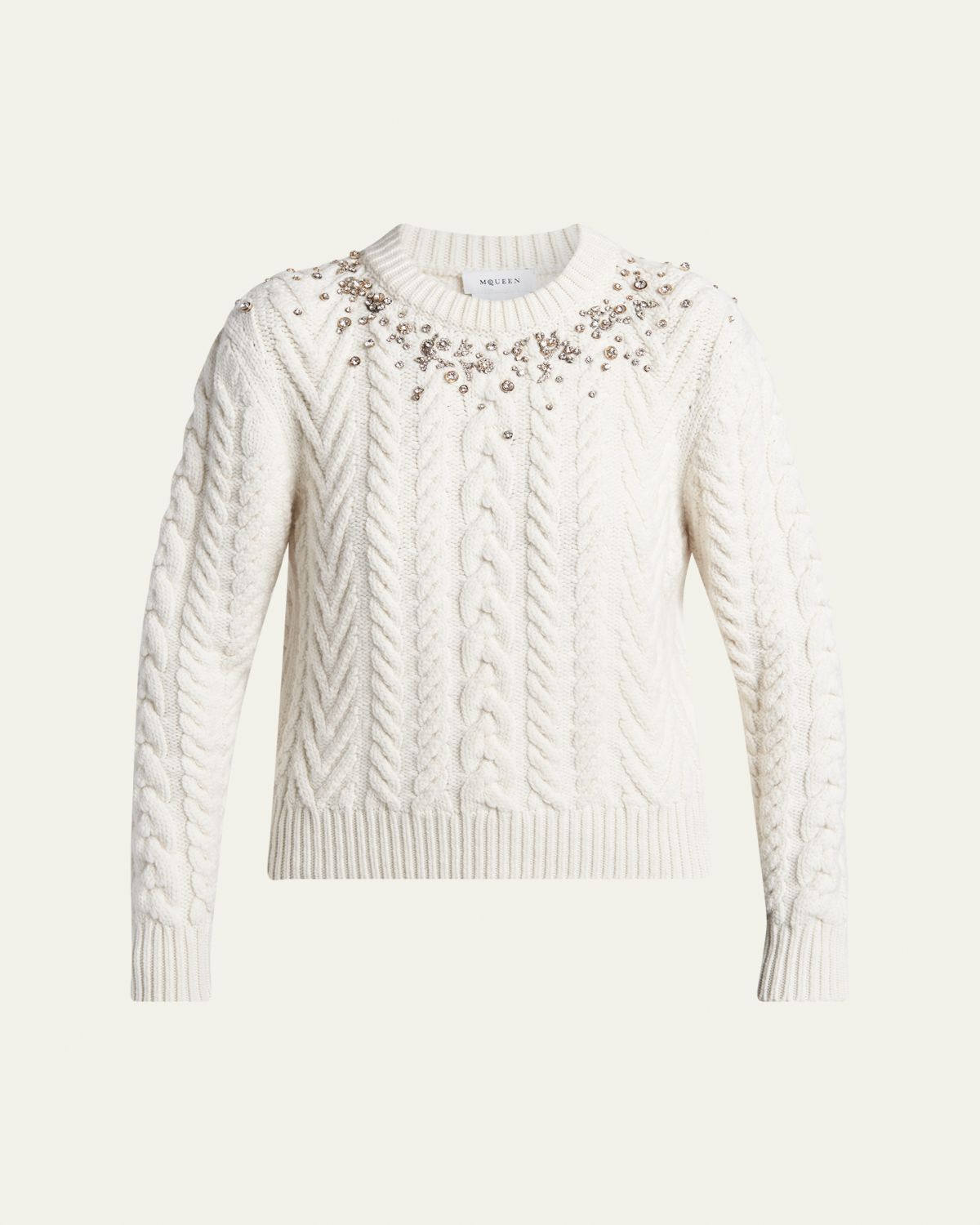 McQueen Crystal Cashmere Cable Crewneck Sweater