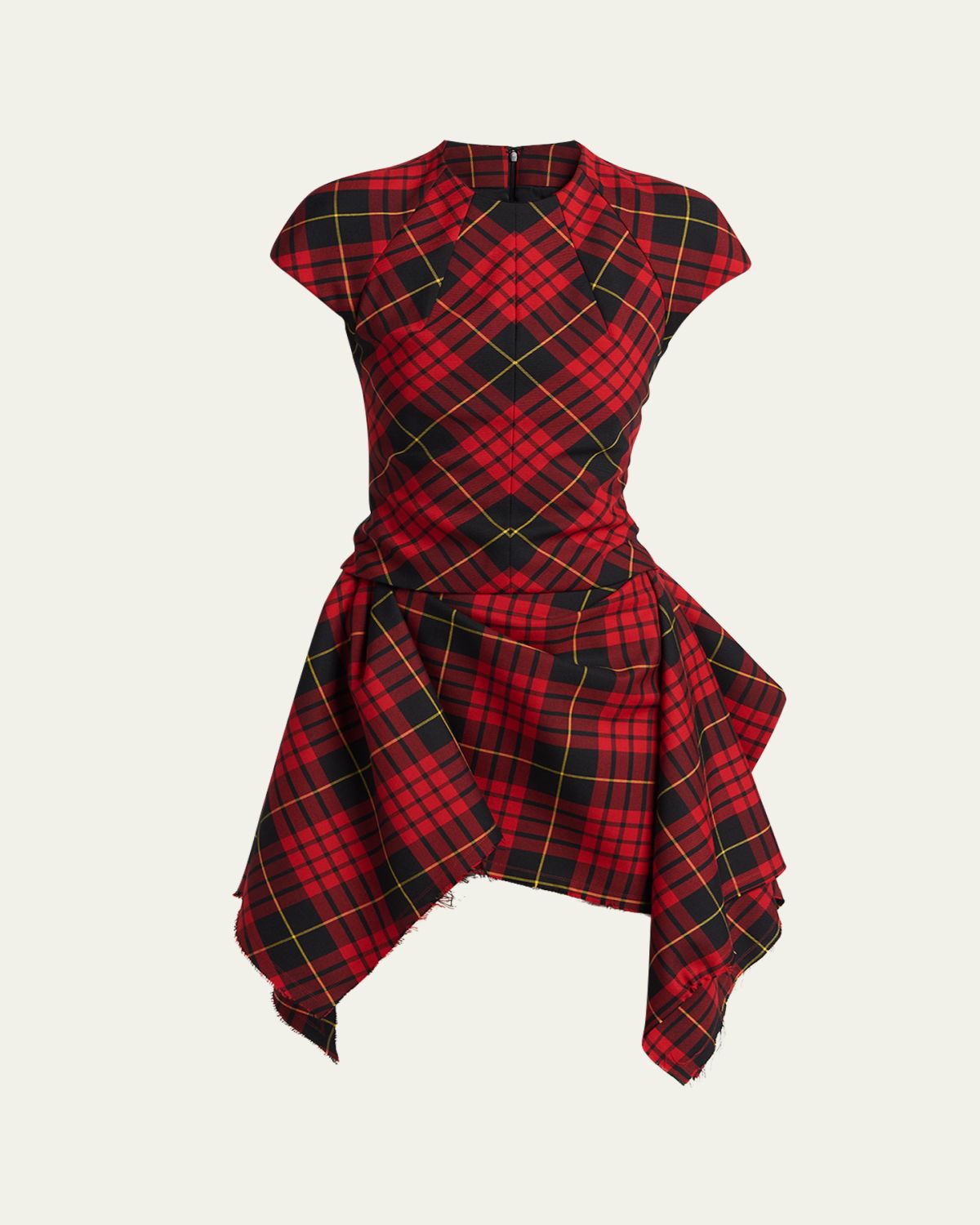 McQueen Check Cap-Sleeve Handkerchief Mini Dress