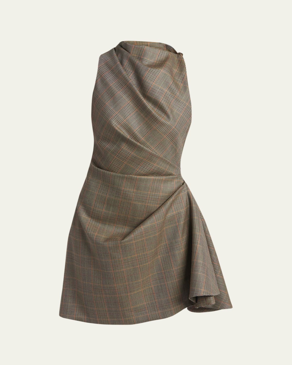 McQueen Check Pleated Drape Sleeveless Mini Dress