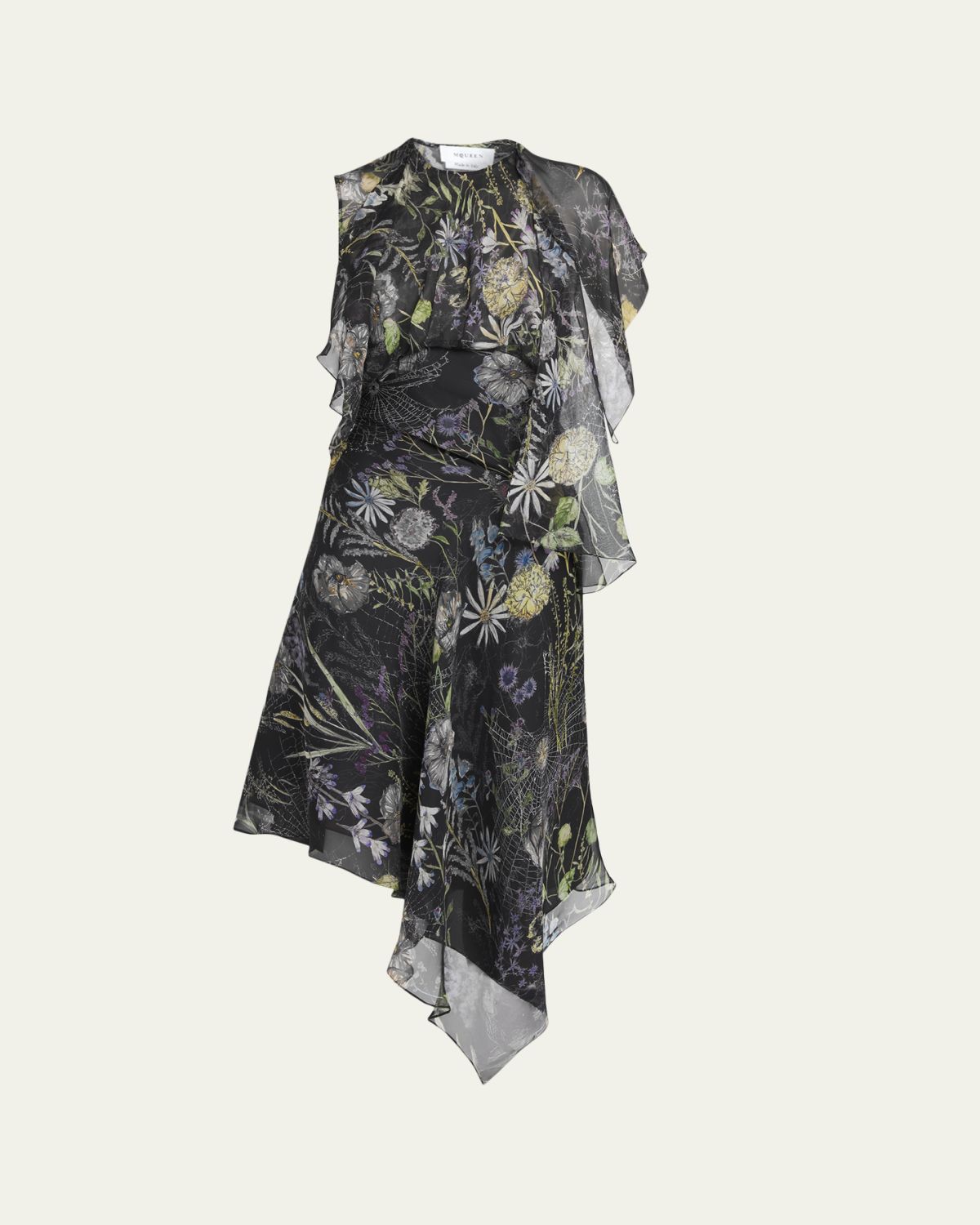 McQueen Floral-Print Asymmetric Ruffle Midi Dress