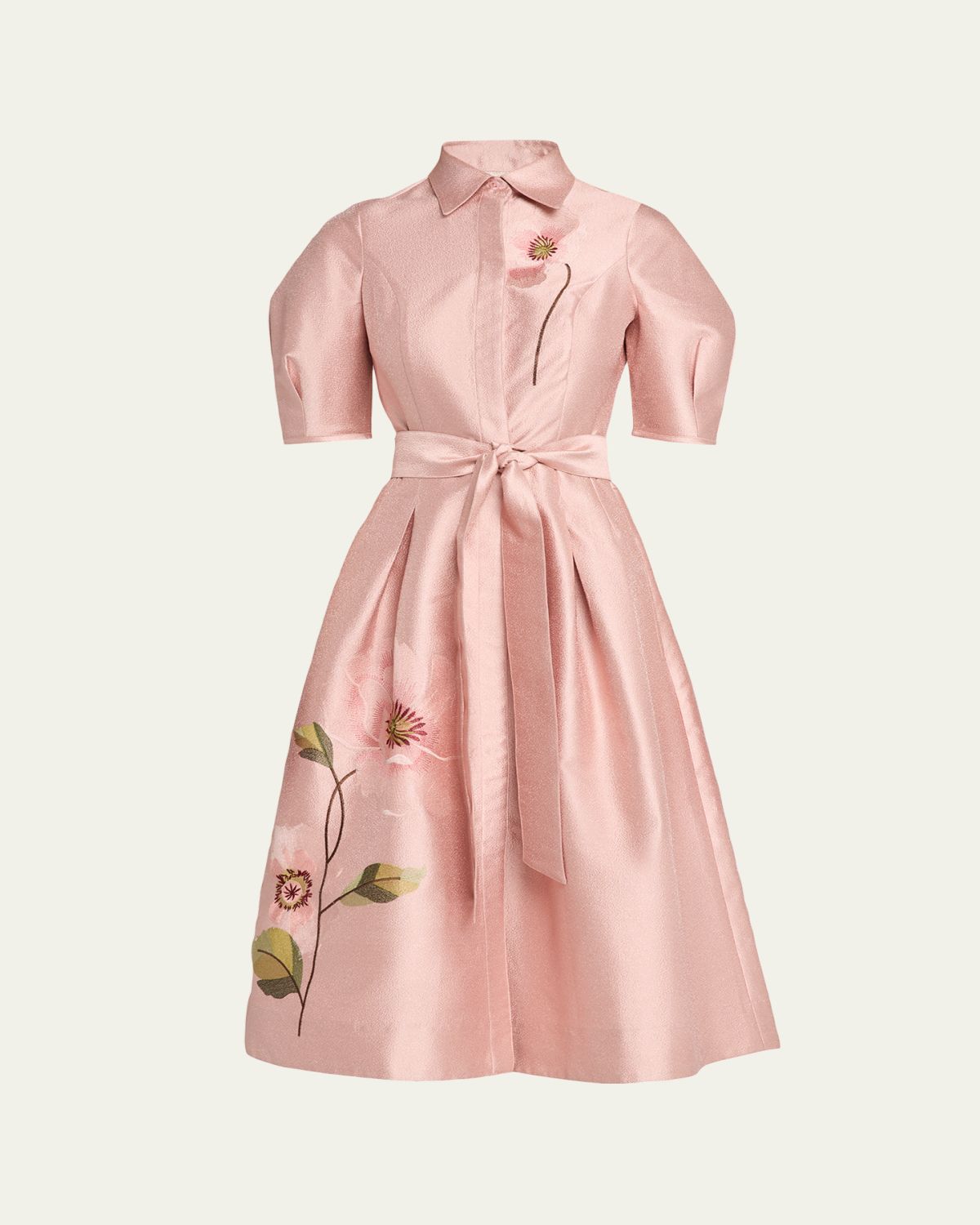 Rickie Freeman for Teri Jon Floral-Embroidered Shimmer Jacquard Midi Shirtdress